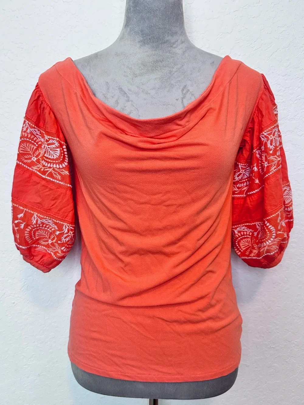Free People Rock With It Top Womens S Coral Embroidered Puff Sleeve Boho